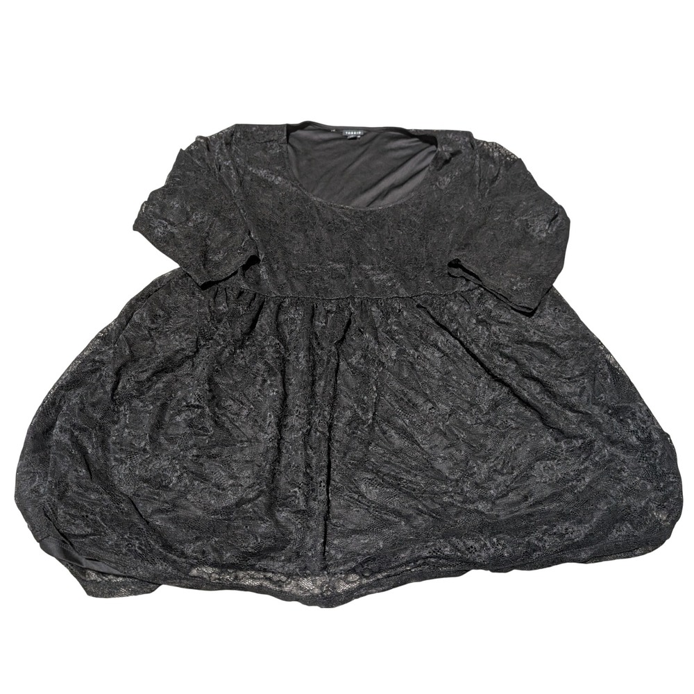 Torrid Top Womens 2 Black Lace Babydoll Empire Waist 3/4 Sleeve Scoop Neck Lined